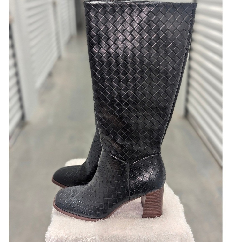 Dark Academia Woven Boho Goth Knee High Block Heel Boots NIB Size 10 Minimalist - Picture 1 of 8